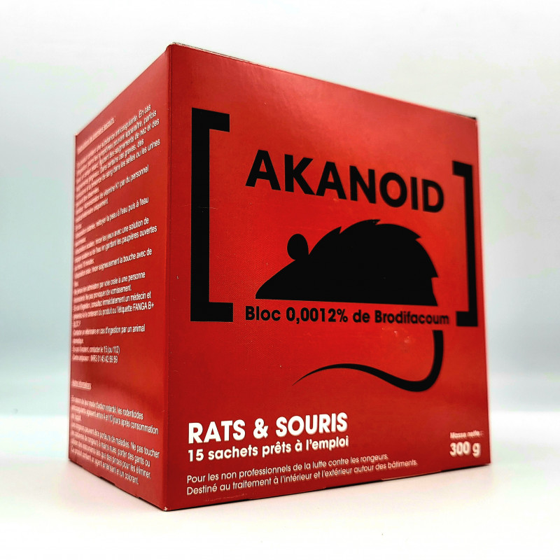 15 blocs raticides AKANOID pour lieu humides et extérieur, emballés de 20g pour rats et souris 15 blocs raticides AKANOID pour lieu humides et extérieur, emballés de 20g pour rats et souris