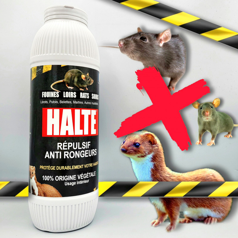 Répulsif en poudre anti rats, loirs, lérots, souris & fouine HALTE® (Flacon de 500 gr)