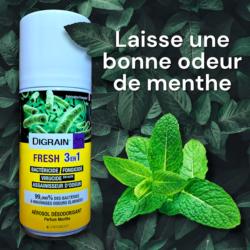 Aérosol désinfectant & destructeur d'odeur DIGRAIN FRESH 3 EN 1 : Parfum menthe