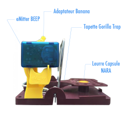 Éléments composant l'Emitter : Beep, adaptateur Banana, tapette gorille trap, leurre capsule Nara