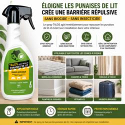 Répulsif punaise de lit Talos – zones d’application matelas canapé vêtements valises sans biocide