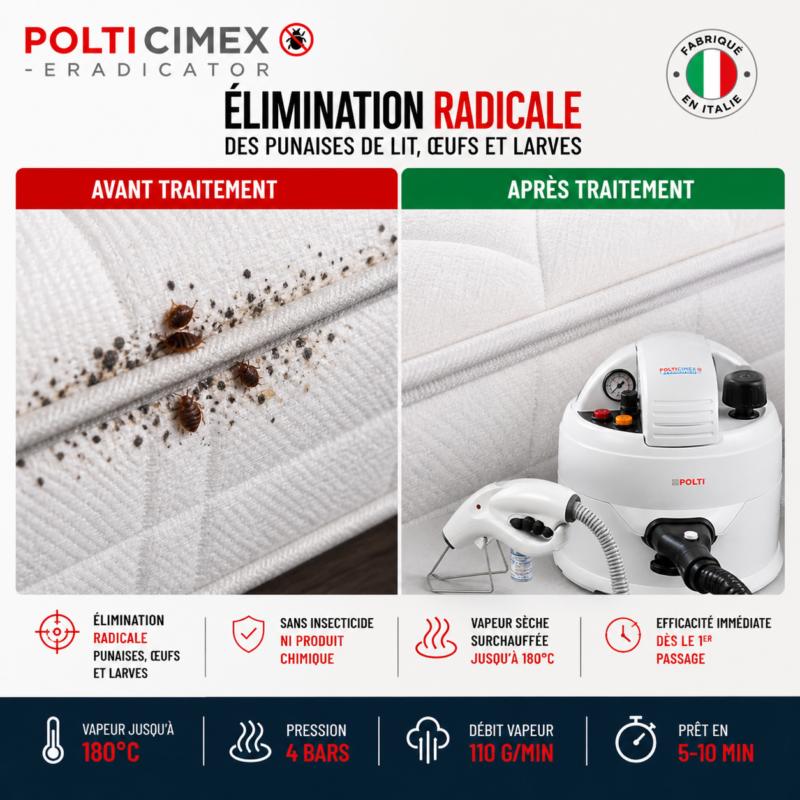 Polti Cimex Eradicator + 2 HP Med – Nettoyeur Vapeur Anti-Punaises De Lit – Écologique Et Puissant