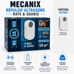 Packaging du répulsif ultrason rats et souris Mecanix à piles efficacité prouvée 50 m²