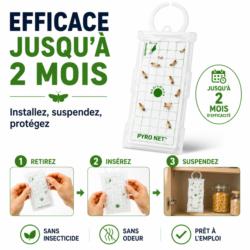 Mode d'emploi du piège anti-mites alimentaires PYRO NET montrant les étapes d'installation, de suspension et de protection