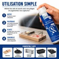 Mode d'emploi du spray attractif NARA pour rats et souris montrant comment pulvériser le produit sur un piège