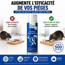 Comparatif avant après utilisation du spray attractif NARA pour rats et souris montrant l'amélioration de l'efficacité des piège