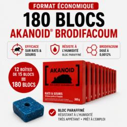 AKANOID® Brodifacoum 180 blocs raticides paraffinés - Carton de 12 boîtes de 15 blocs de 20 g résistants à l'humidité