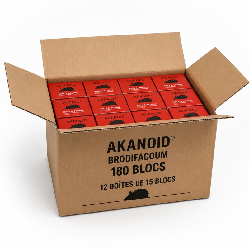 Carton de 12 boîtes AKANOID® Brodifacoum contenant 180 blocs raticides paraffinés de 20 g prêts à l'emploi contre les rats et le