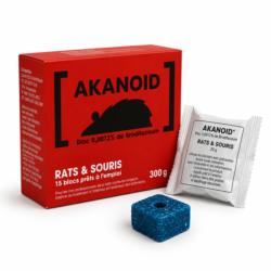 Boîte AKANOID® Brodifacoum avec un sachet individuel et un bloc raticide paraffiné de 20 g prêt à l'emploi contre les rats
