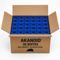 Carton ouvert de 30 boîtes AKANOID contenant 450 sachets de pâte raticide
