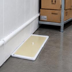 Piège à glu Catchmaster 48WRG placé contre un mur dans un local froid pour rats et souris