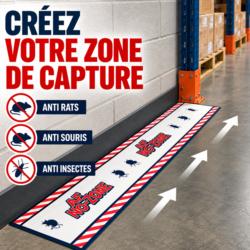 Bande collante AF NO ZONE installée en zone de capture contre les rats, souris et insectes dans un entrepôt