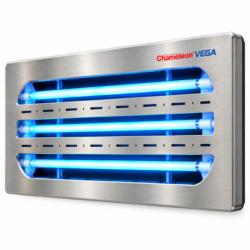 Désinsectiseur UV professionnel Chameleon Vega en acier inoxydable, équipé de 3 tubes UV bleus et d'un système de capture des in
