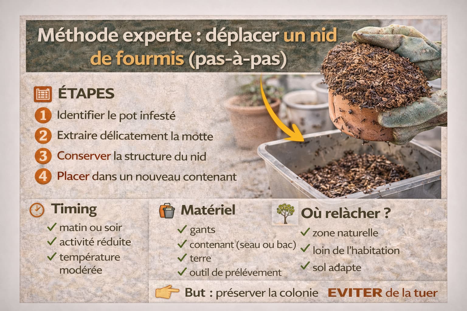 Méthode experte pour déplacer un nid de fourmis sans tuer