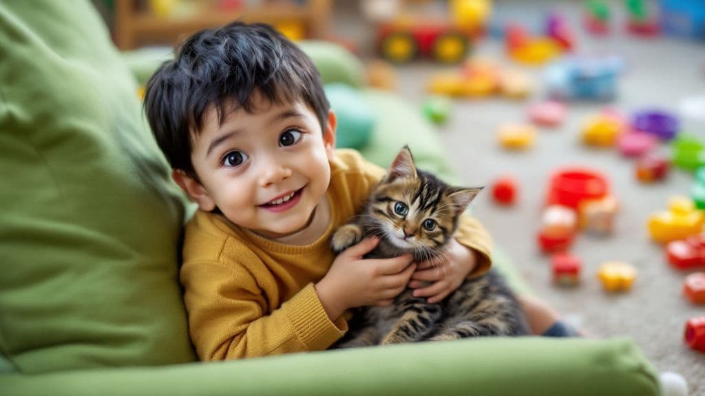 Chaton et enfant jouant sur un canapé