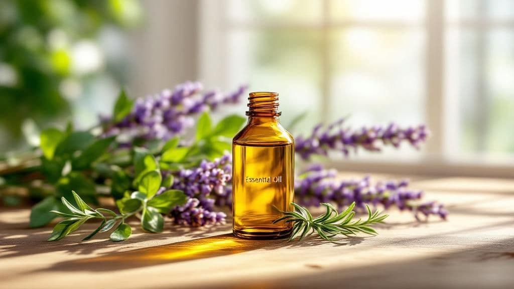 Flacon d'huile essentielle posé sur une table à côté d'une fleur dont elle est issue