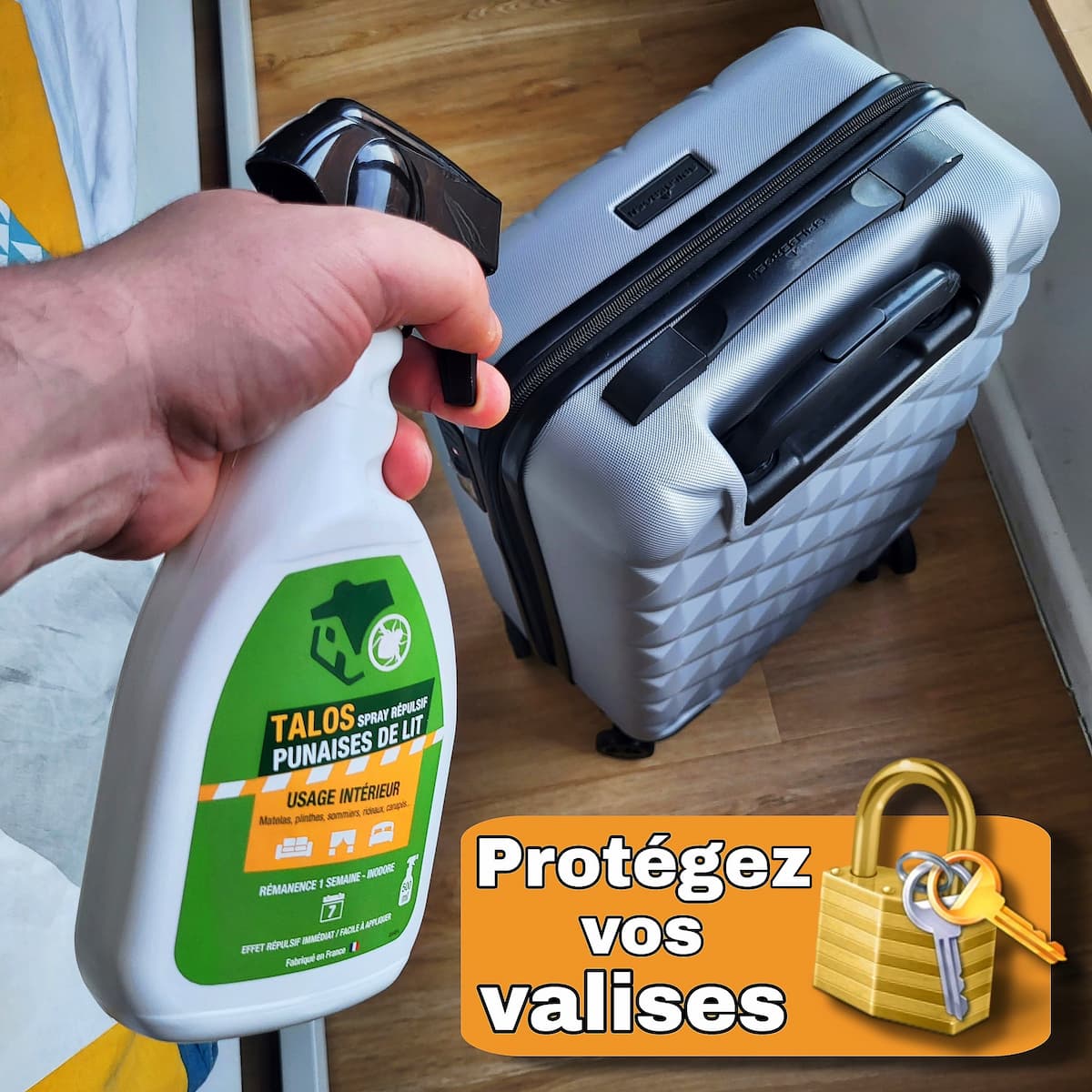 Spray Talos anti punaise de lit pulvérisé sur une valise