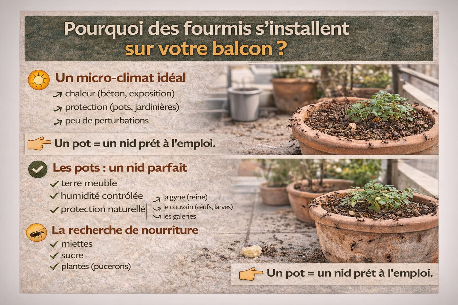 Motifs expliquant des fourmis sur un balcon