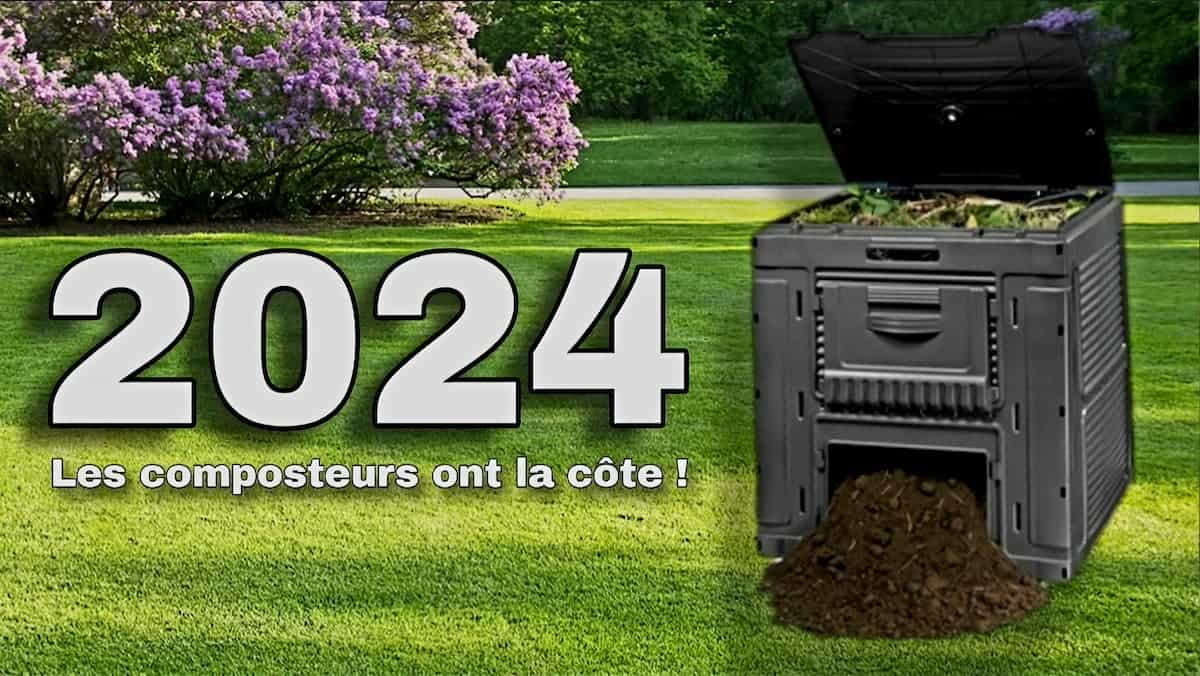 Composteur plein dans un jardin accompagné de l'année 2024