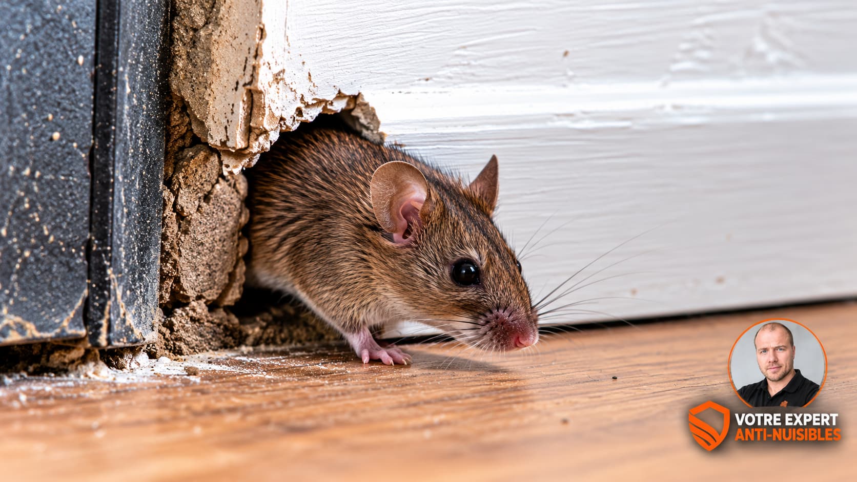 Souris grise se faufilant par une fente étroite au bas d'un mur