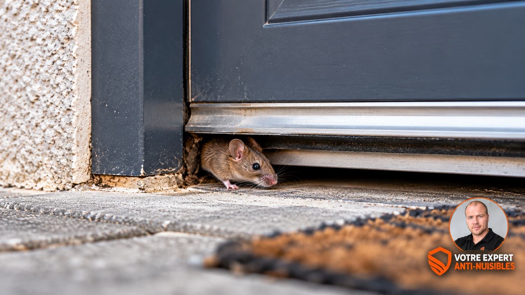 Interstice visible sous une porte d'entrée, point de passage pour une souris