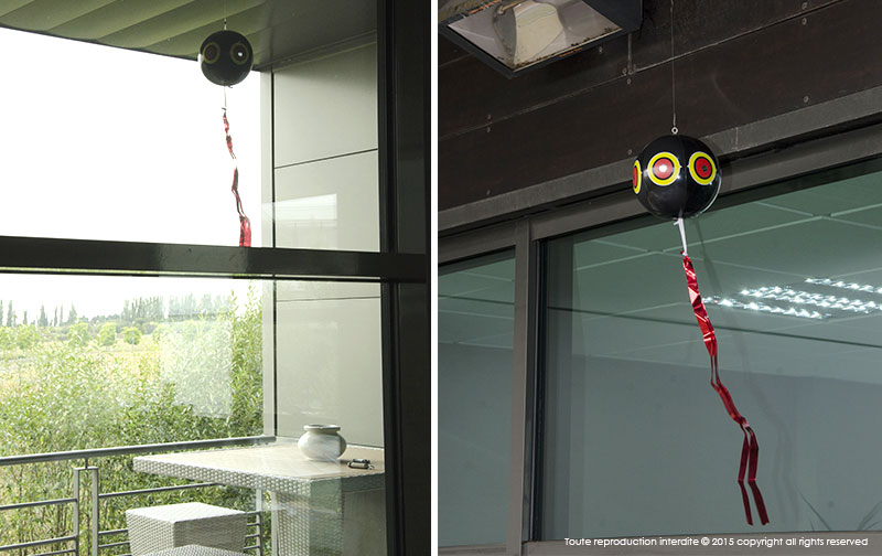 Ballon répulsif anti-pigeons noir 15 cm PREDATOR suspendu à un balcon