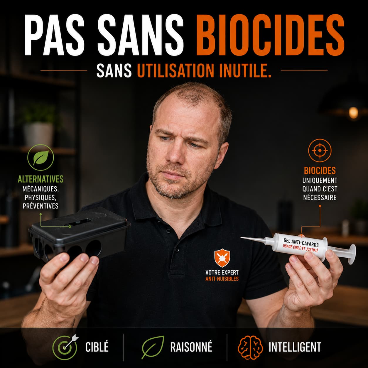 Lutte anti-nuisibles moderne : comparaison entre méthodes alternatives et utilisation ciblée des biocides, illustrant une app
