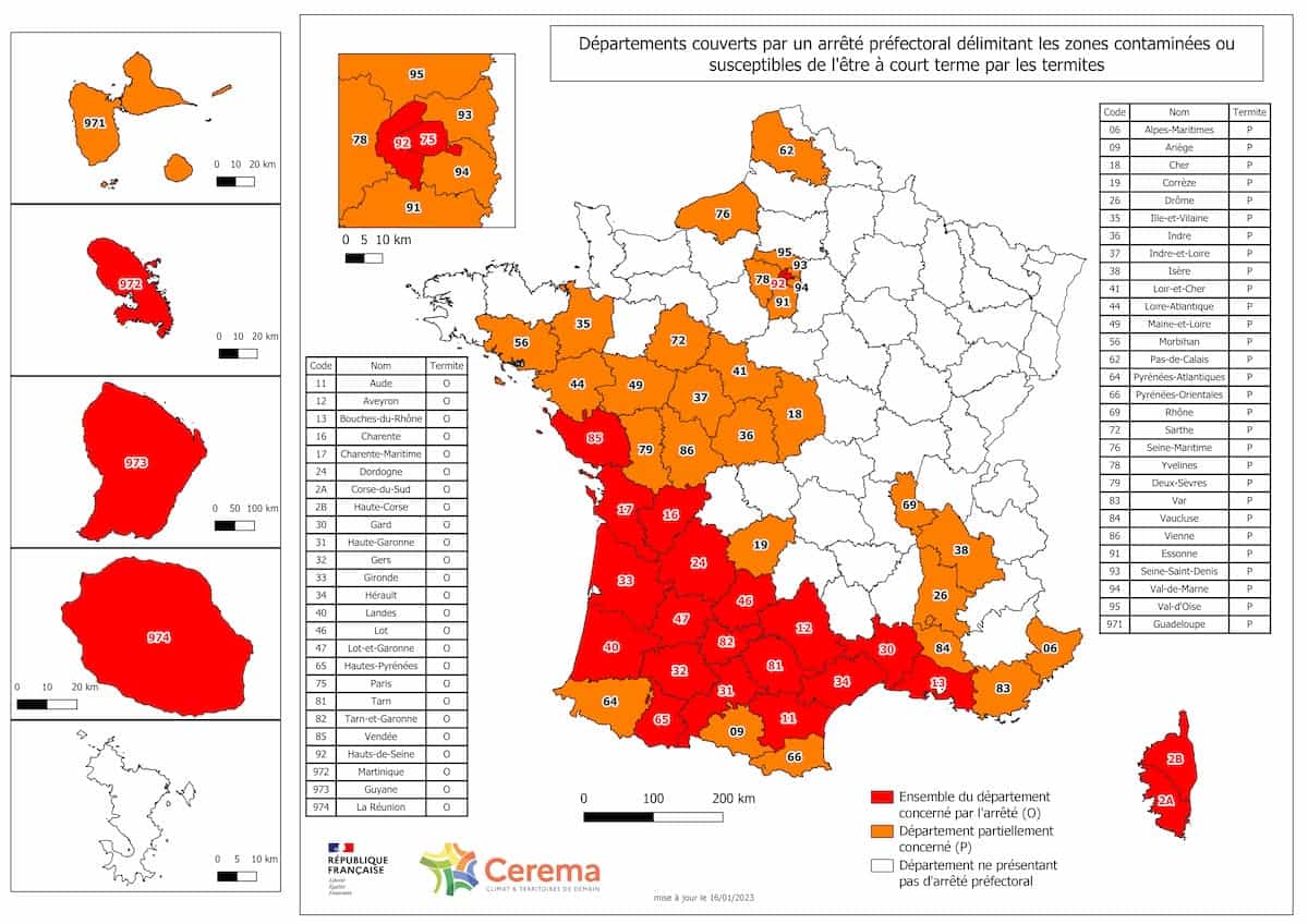 Carte de France 2023 des arrêtés départementaux sur les termites