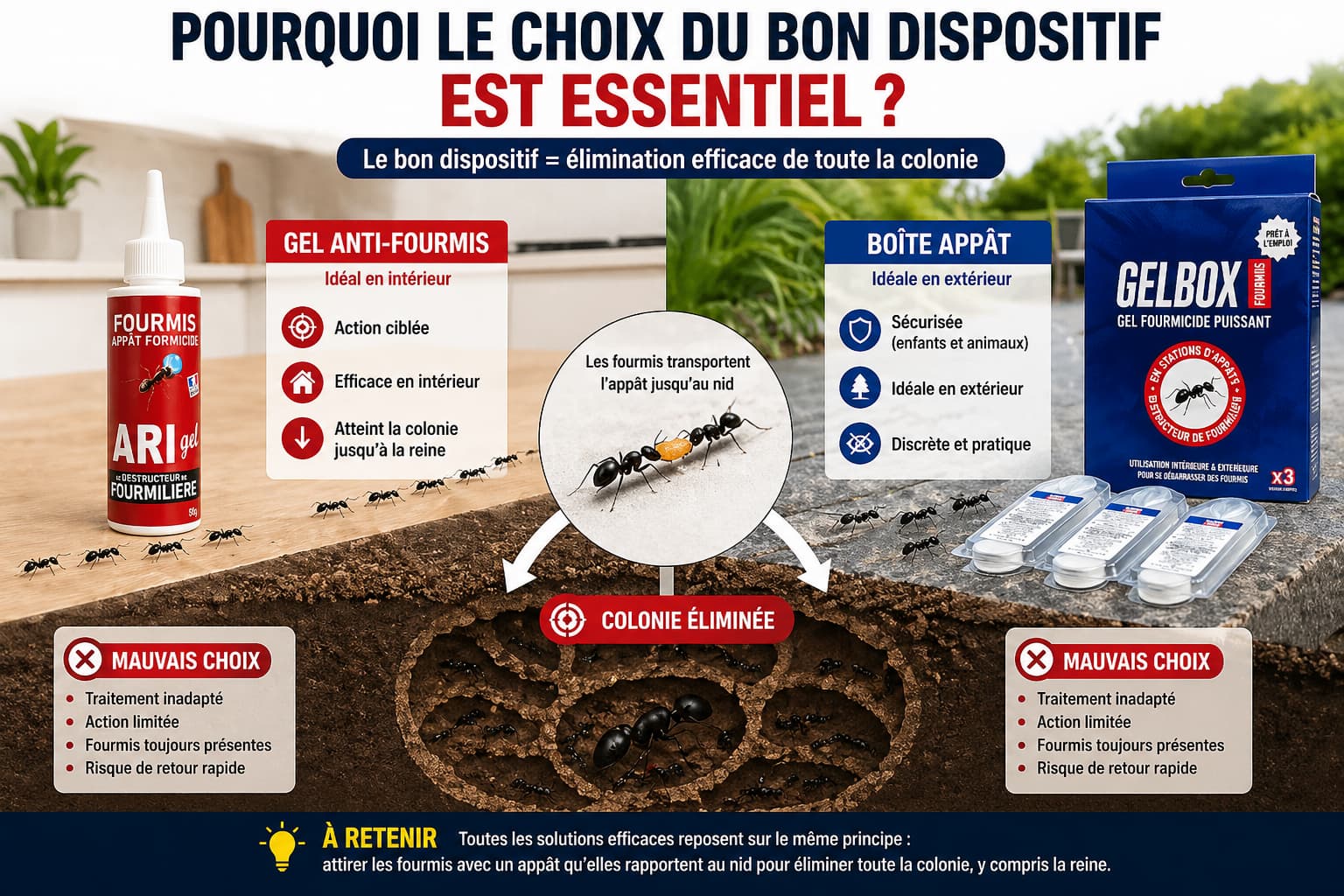 Pourquoi le choix du dispositif anti fourmis (gel vs boîte appât) est essentiel