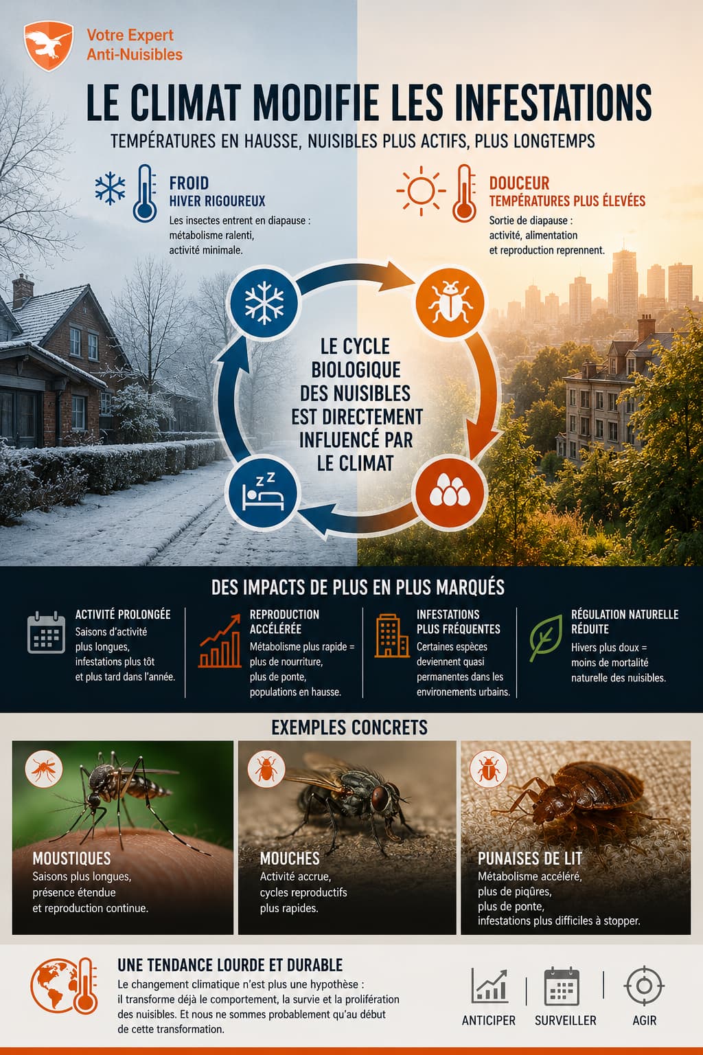 Impact du réchauffement climatique sur les infestations de nuisibles avec hivers plus doux et augmentation de l’activité des 