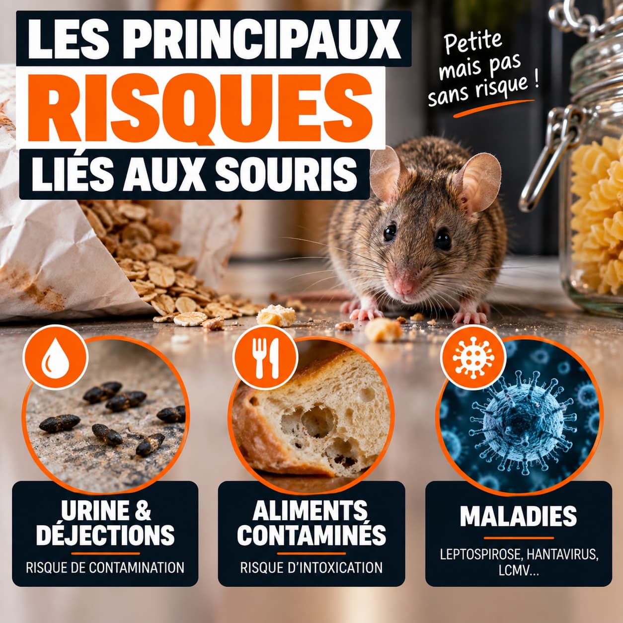 Principaux dangers des souris : déjections, aliments contaminés et risques de maladies
