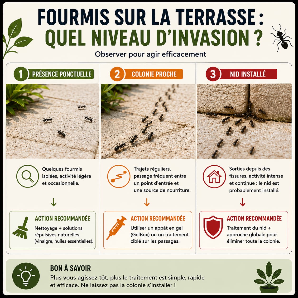 fourmis sur la terrasse : évaluation du niveau d'invasion et action recommandée