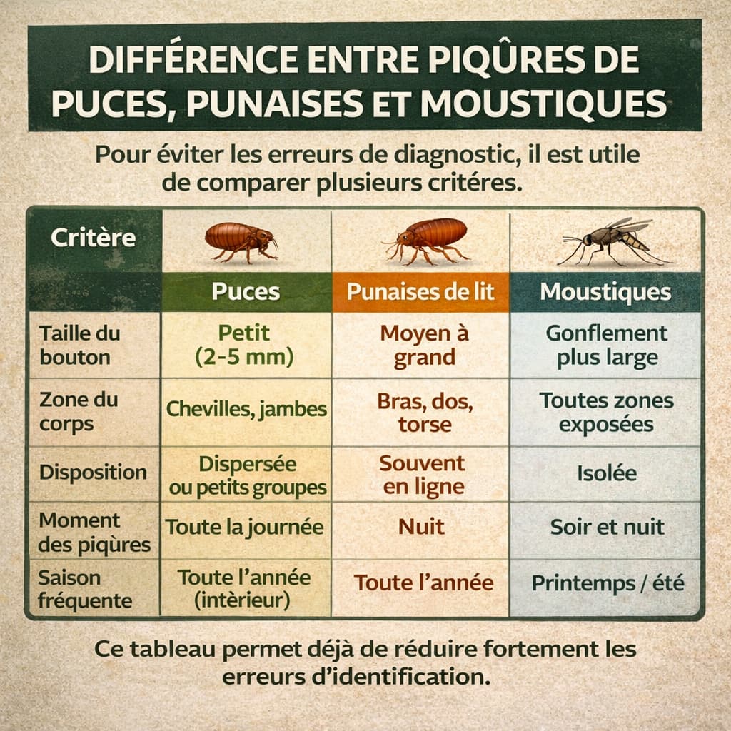 Tableau comparatif des différences entre piqûres de puce, de punaise de lit et de moustique
