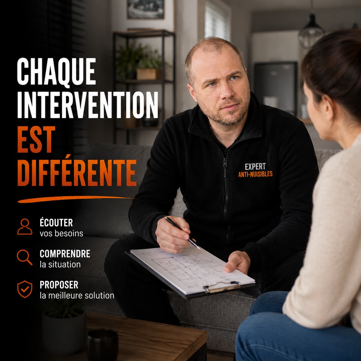 expert anti nuisibles en consultation avec client diagnostic infestation maison