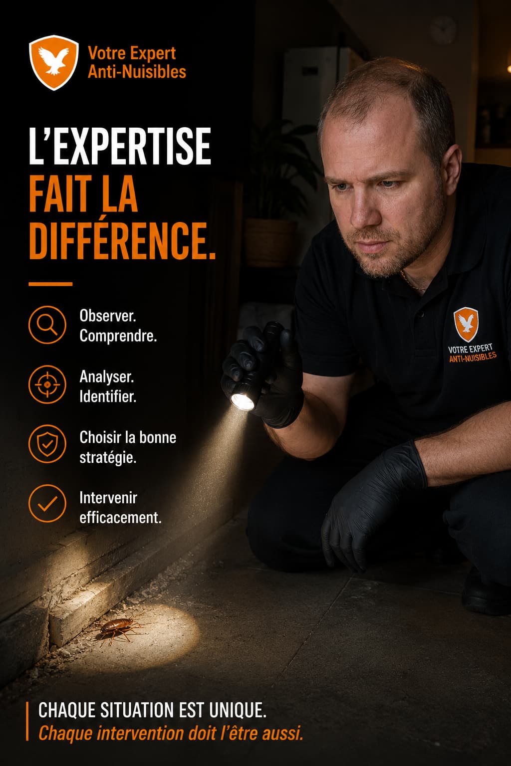 Expert anti nuisibles inspectant un bâtiment avec une lampe afin d’analyser une infestation de cafards