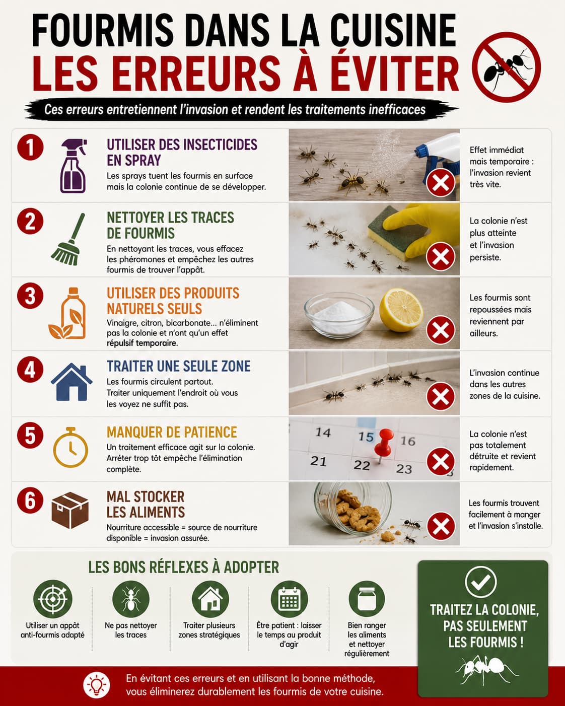 infographie des erreurs à éviter pour ne pas avoir de fourmis dans sa cuisine