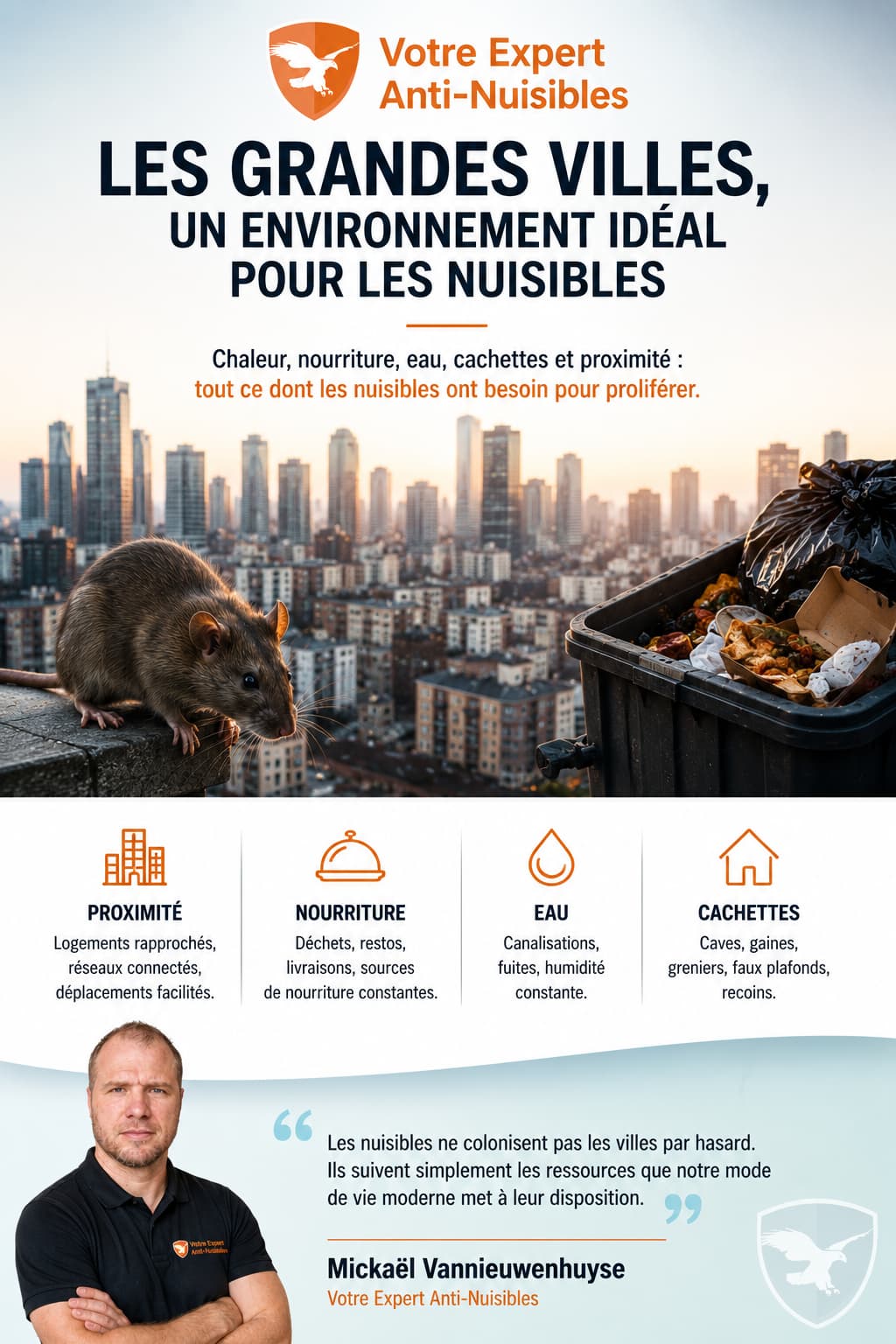 Illustration d’une grande ville favorisant la prolifération des nuisibles avec rat, déchets alimentaires et urbanisation dens