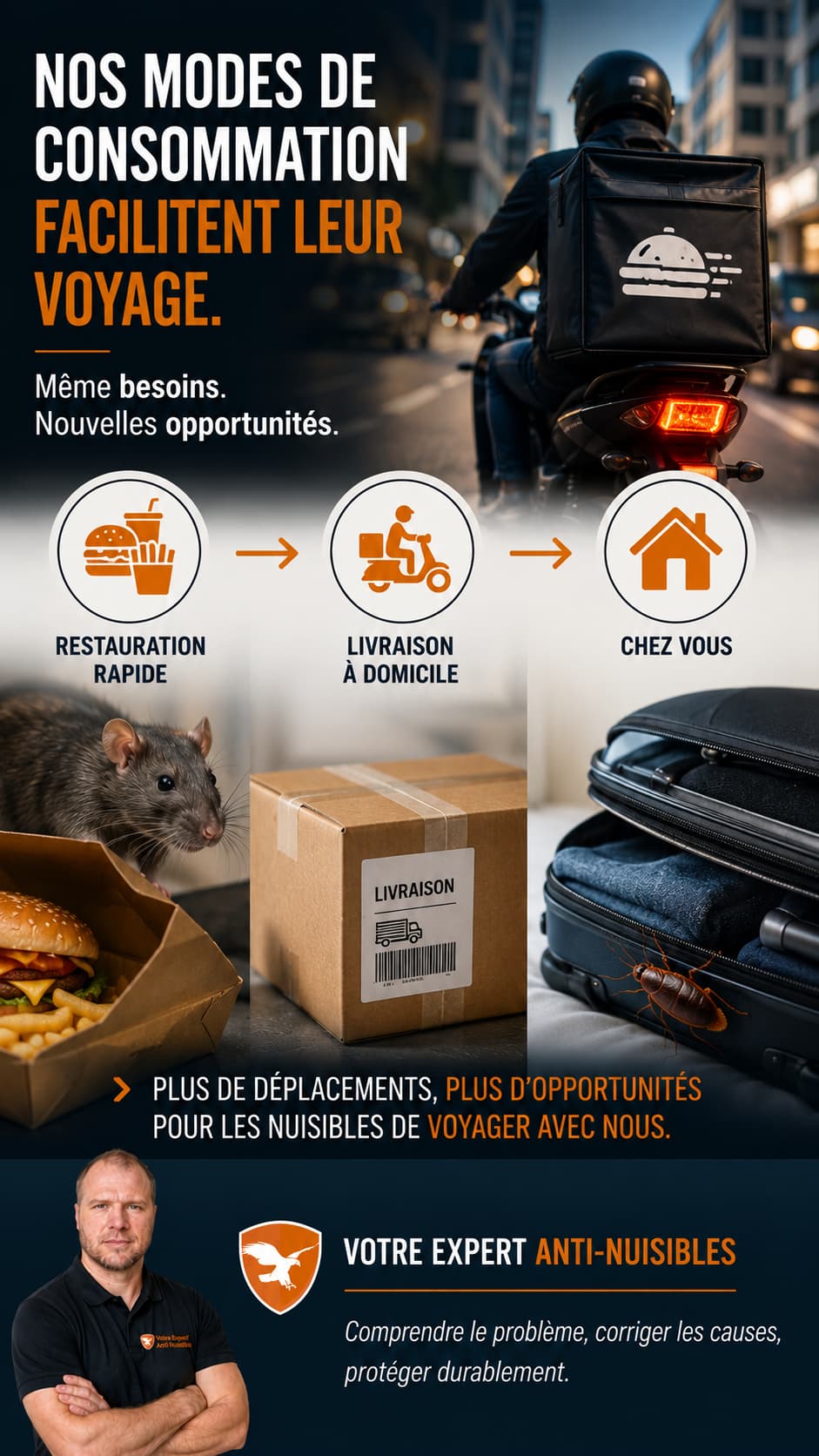 Illustration des nouveaux modes de consommation favorisant le déplacement des nuisibles via livraisons, restauration rapide e