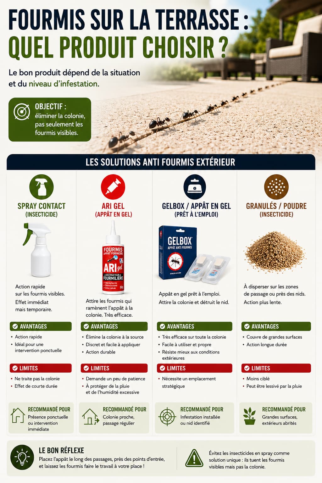 fourmis sur la terrasse : tableau de comparaison des solutions, avec avantages et limites