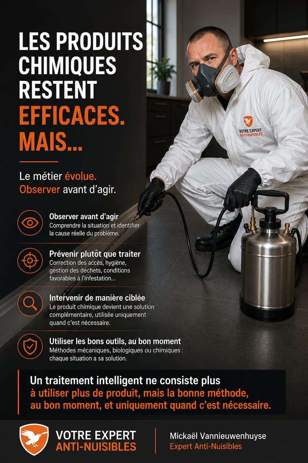 Expert anti-nuisibles en combinaison utilisant un pulvérisateur inox pour illustrer l’usage raisonné des produits chimiques 