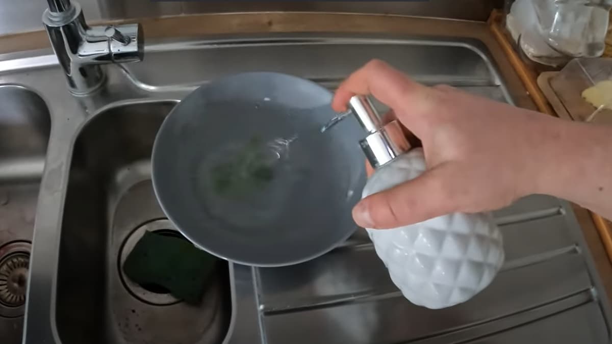 Main ajoutant du liquide vaisselle dans une assiette creuse posée sur un évier, contenant déjà de l'eau.