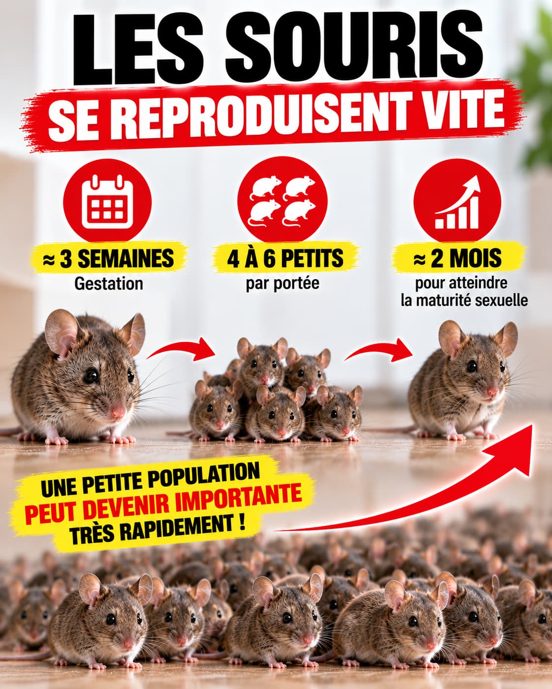 Cycle de reproduction de la souris domestique : gestation de 18 à 21 jours et maturité sexuelle en quelques semaines.