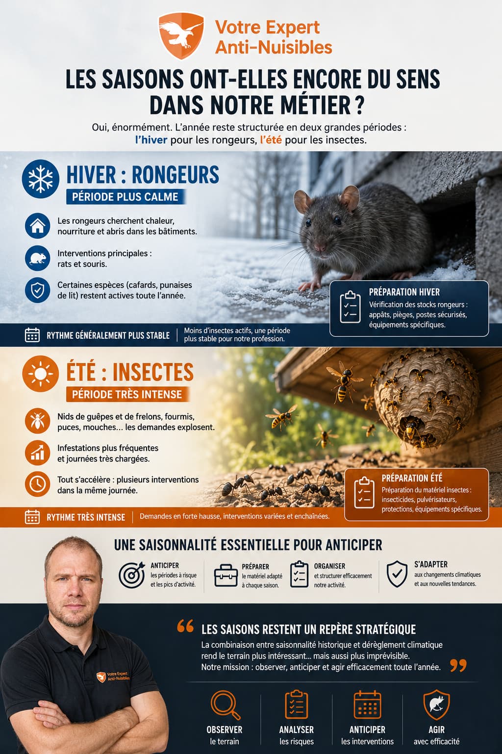 Illustration des saisons dans le métier anti-nuisibles avec interventions rongeurs en hiver et insectes en été