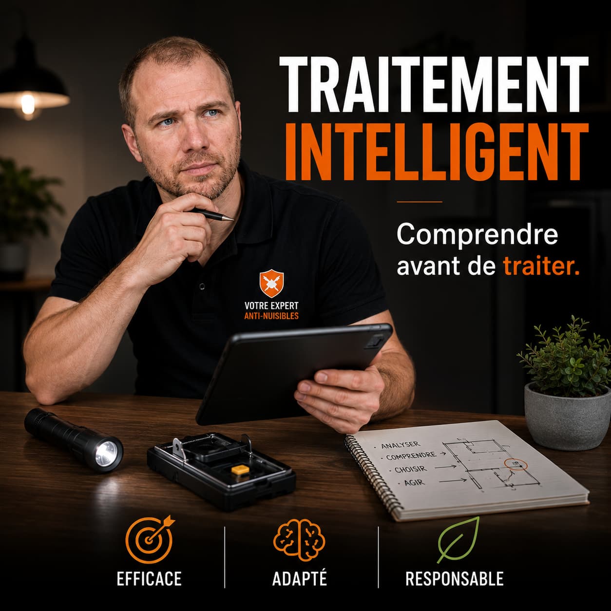 Traitement intelligent anti-nuisibles : expert analysant une situation avant intervention