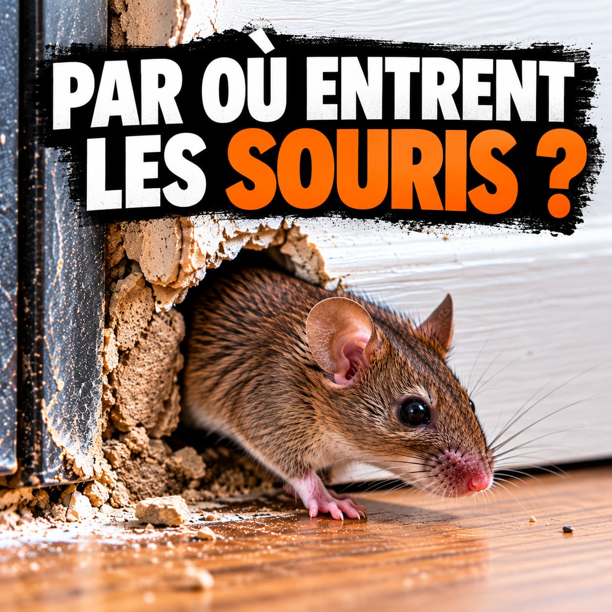 Souris grise au pied d'un mur dans une maison