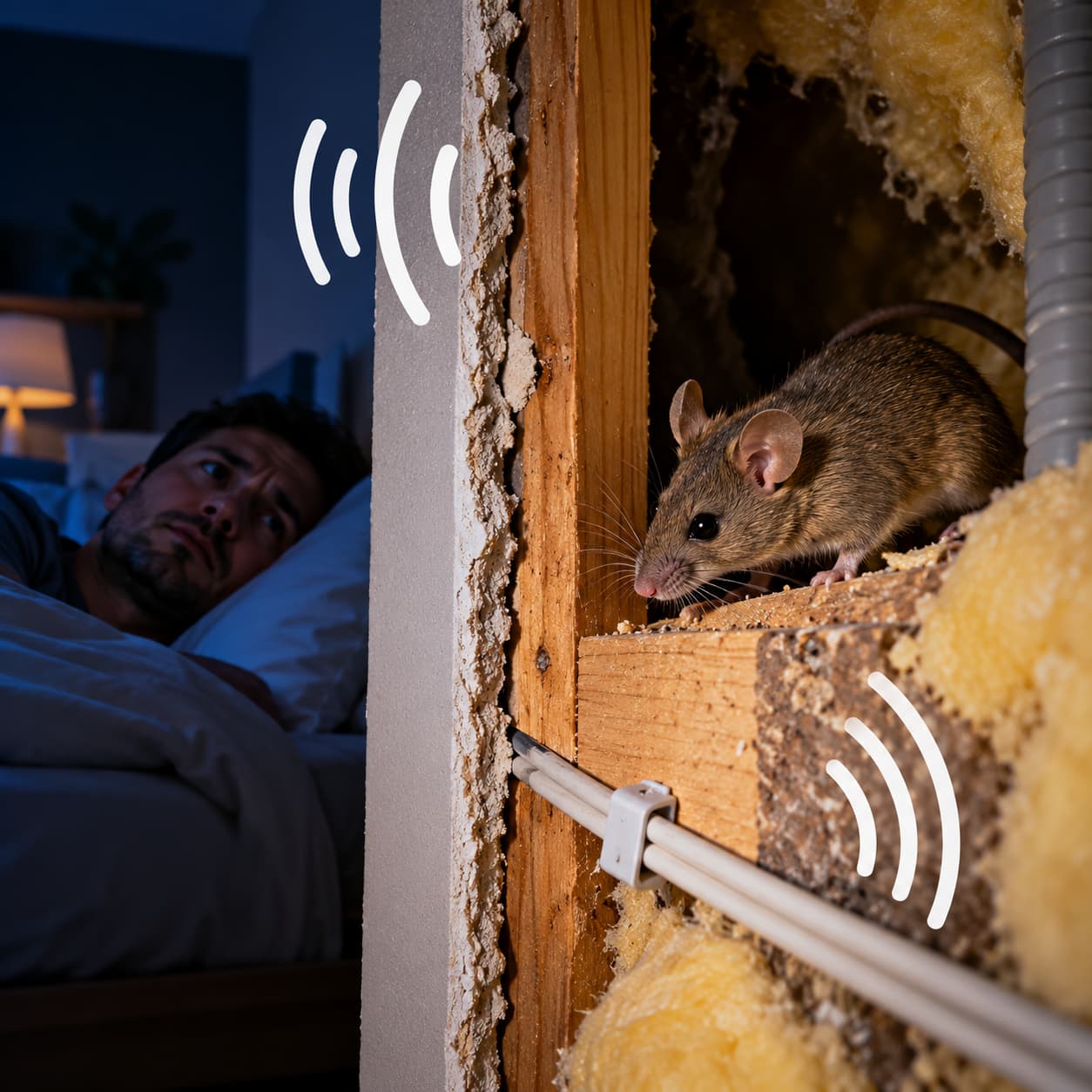 Souris circulant la nuit le long d'une cloison dans une maison