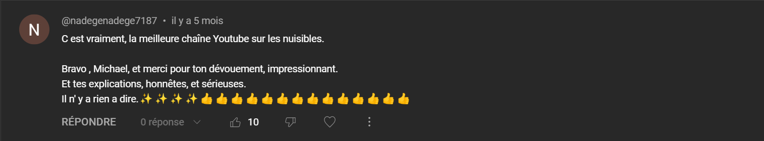 Commentaire élogieux sur la chaîne YouTube