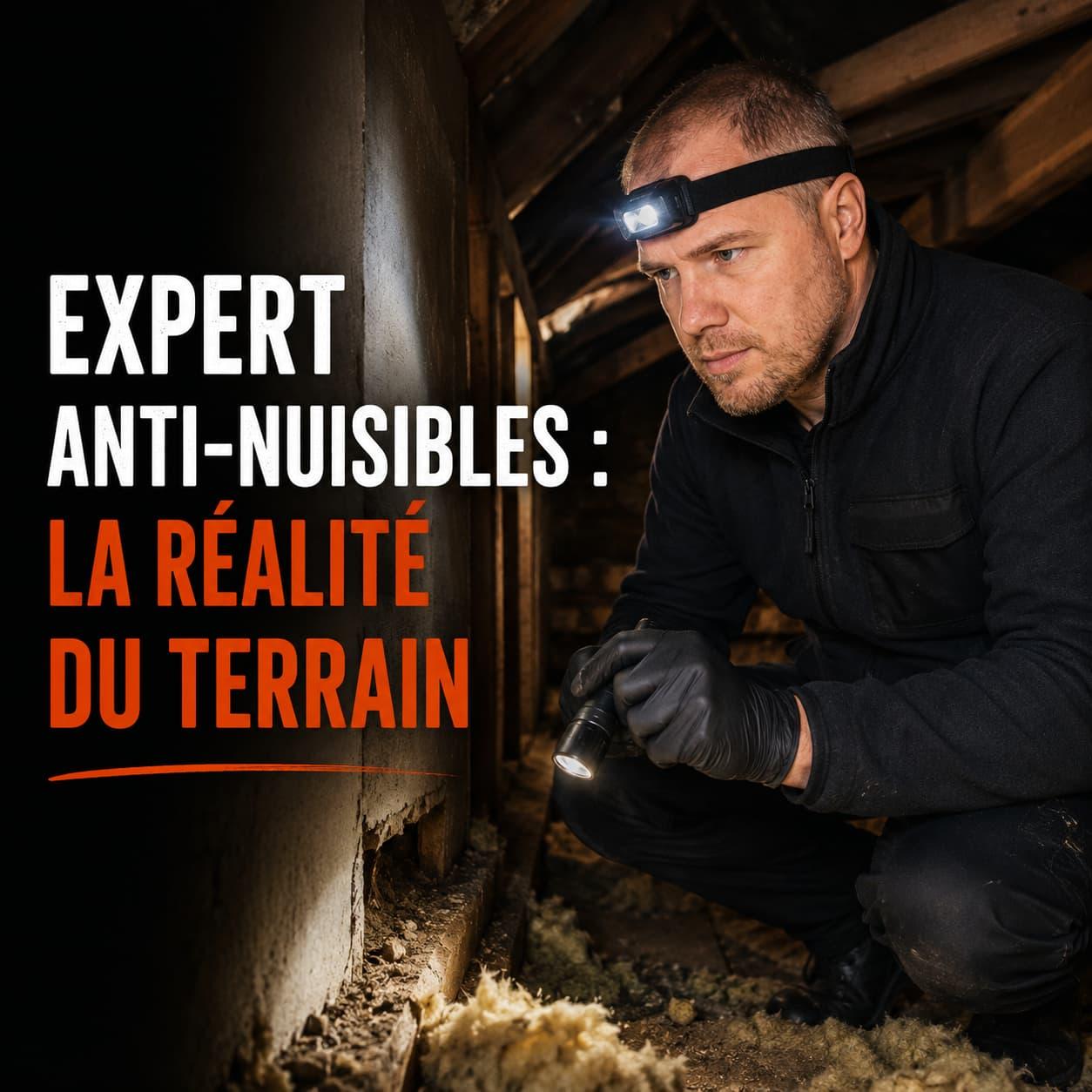 Mickaël, expert anti-nuisibles, en intervention sur le terrain avec lampe frontale