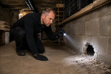 Mickaël Vannieuwenhuyse inspecte à la lampe torche un trou de rongeur dans le mur d'une cave